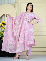 Neck Embroidered Cotton Blend Kurta With Pants & Dupatta