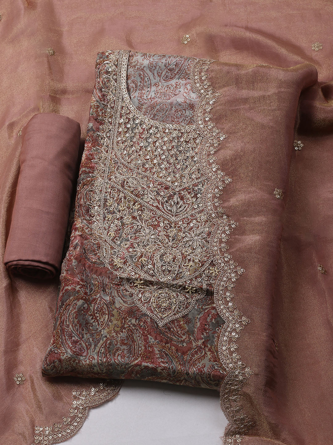 Embroidered Tissue Unstitched Kurta With Pant &amp; Dupatta