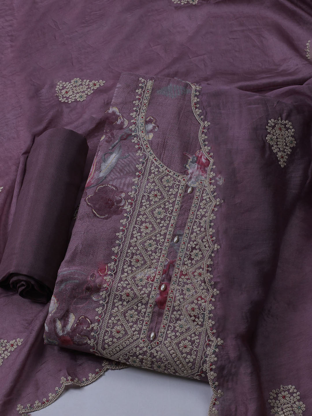 Neck Embroidered Chanderi Unstitched Suit With Dupatta