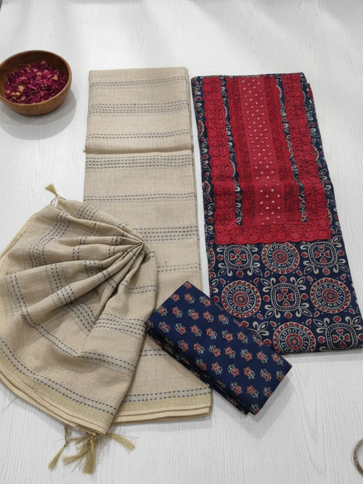Printed Cotton Blend Unstitched Suit With Pant &amp; Dupatta