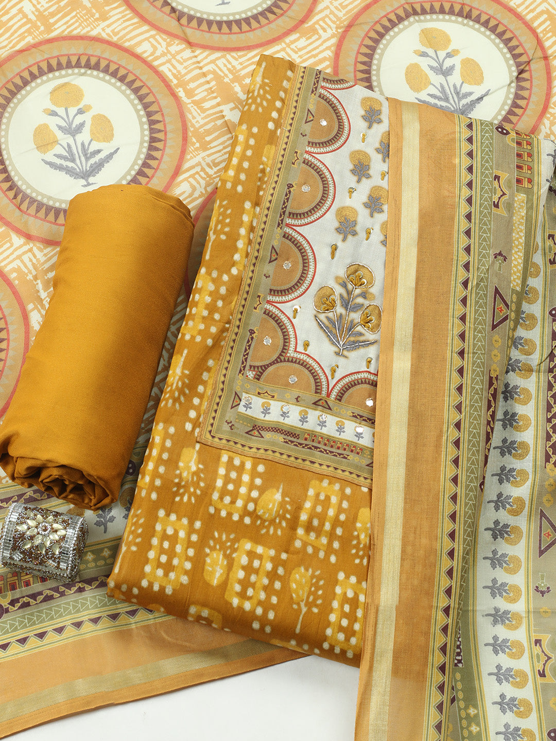 Embroidered Cotton Blend Unstitched Suit With Pant &amp; Dupatta