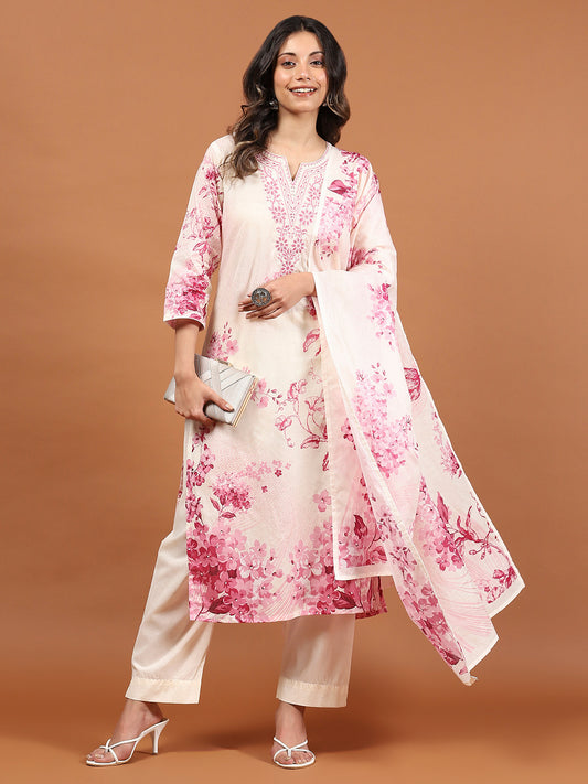 Printed Cotton Blend Kurta With Pants & Dupatta