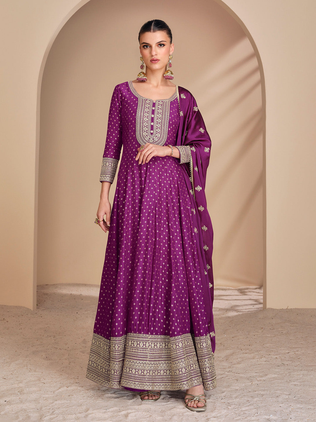 Embroidered Art Silk Suit With Pant &amp; Dupatta