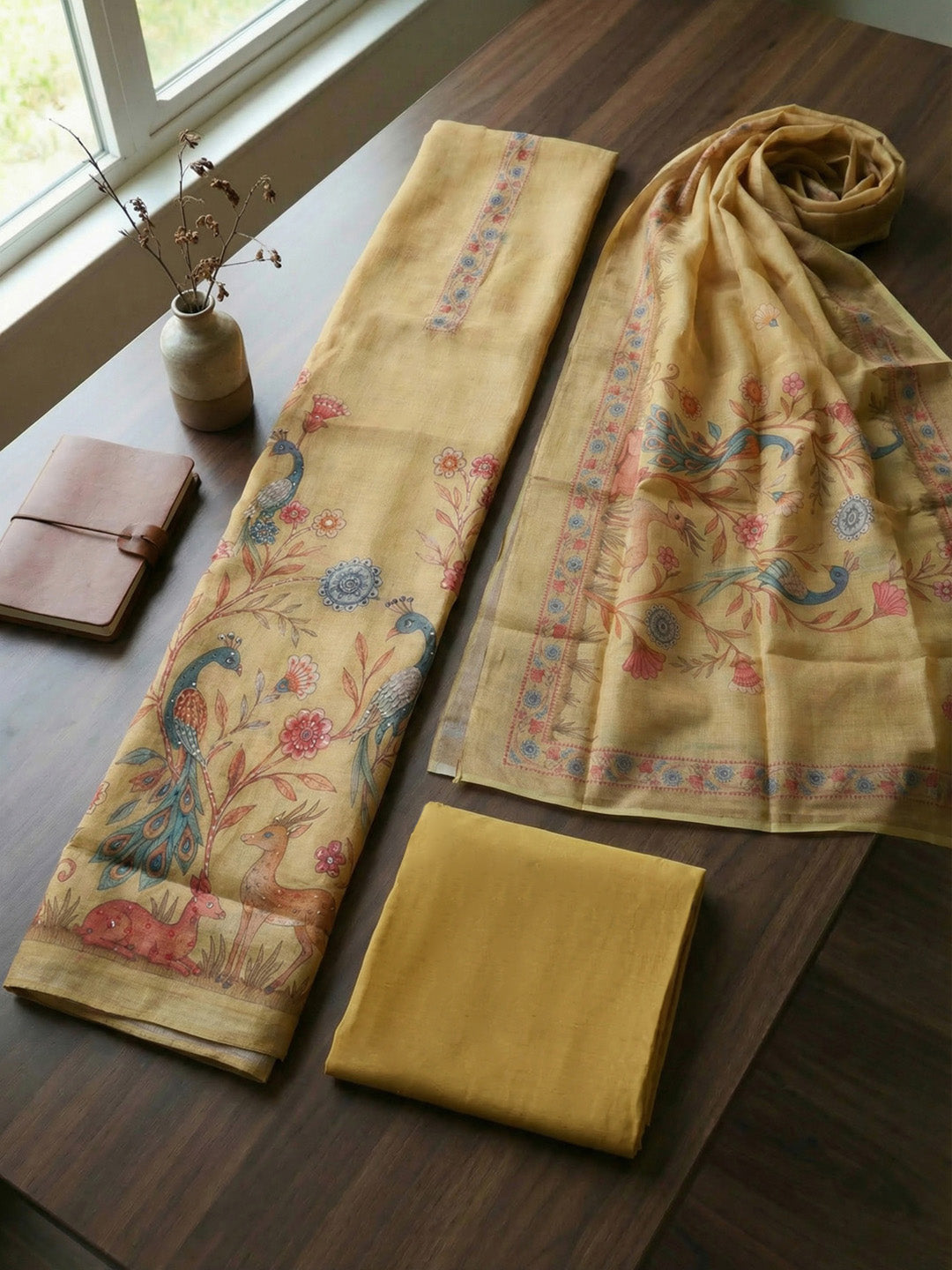 Printed Linen Blend Unstitched Suit With Pant &amp; Dupatta