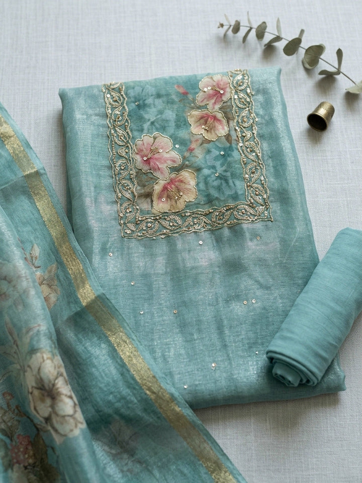 Embroidered Linen Blend Unstitched Suit With Pant &amp; Dupatta