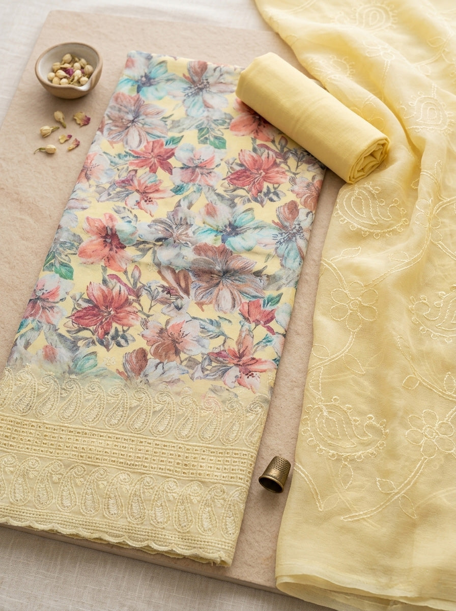 Embroidered Cotton Blend Unstitched Suit Pant &amp; Dupatta