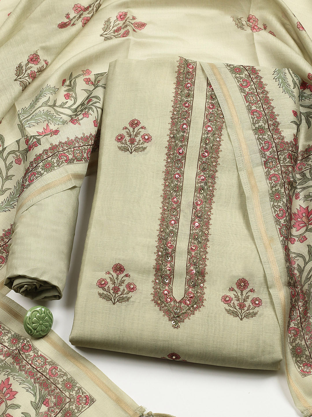 Embroidered Chanderi Unstitched Suit With Pant &amp; Dupatta