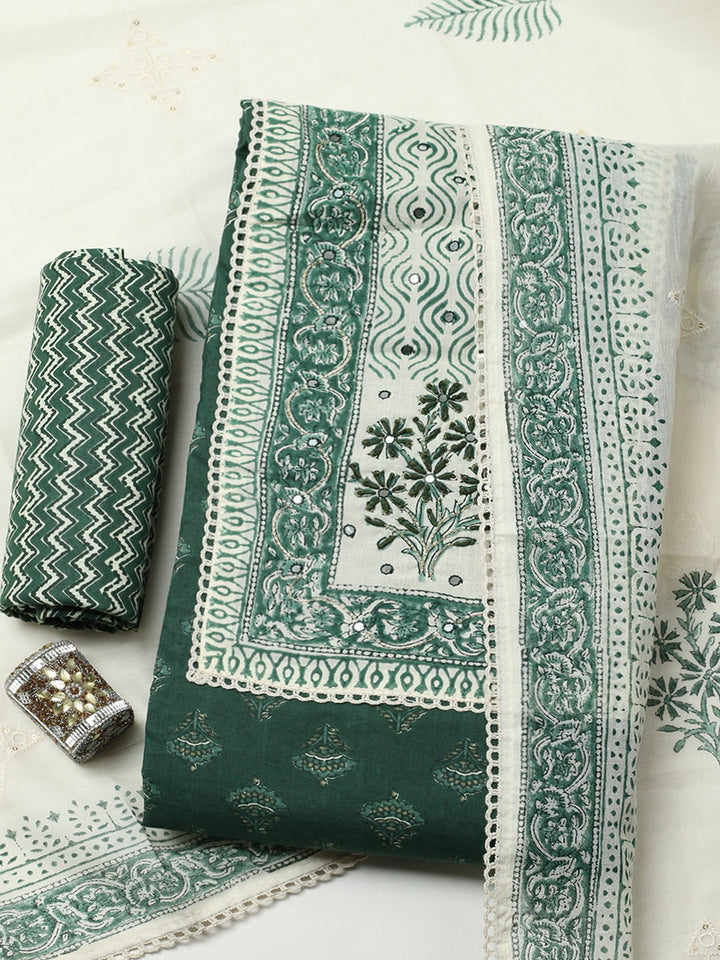Printed Cotton Blend Unstitched Suit With Pant &amp; Dupatta