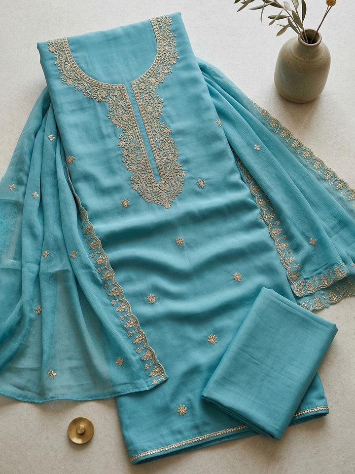 Embroidered Chanderi Unstitched Suit With Pant &amp; Dupatta