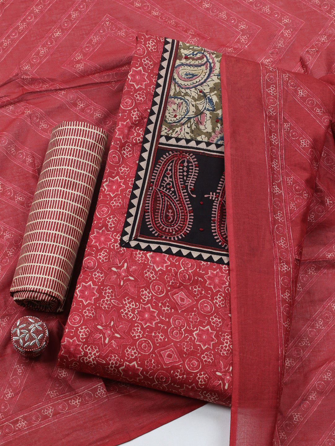 Printed Cotton Blend Unstitched Suit With Pant &amp; Dupatta