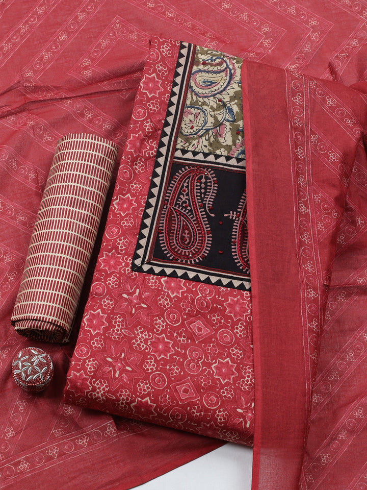 Printed Cotton Blend Unstitched Suit With Pant &amp; Dupatta