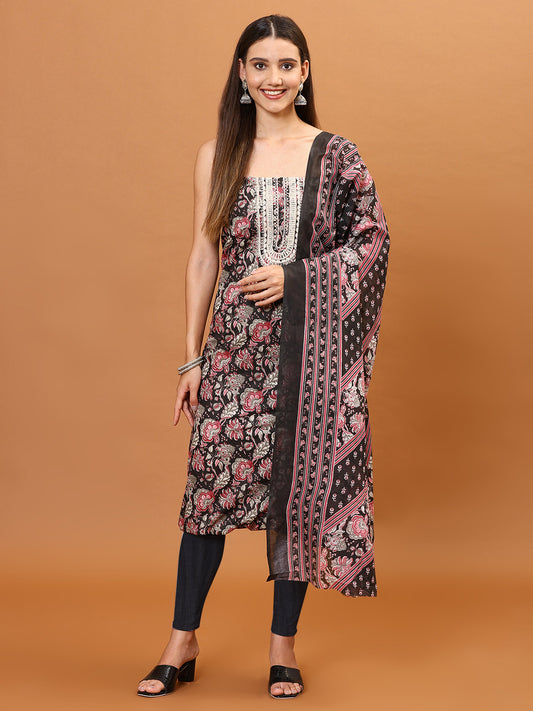 Neck Embroidery & Printed Cotton Unstitched Suit Piece With Dupatta