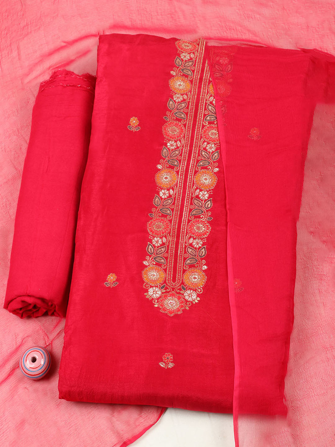 Embroidered Chanderi Unstitched Suit With Pant &amp; Dupatta