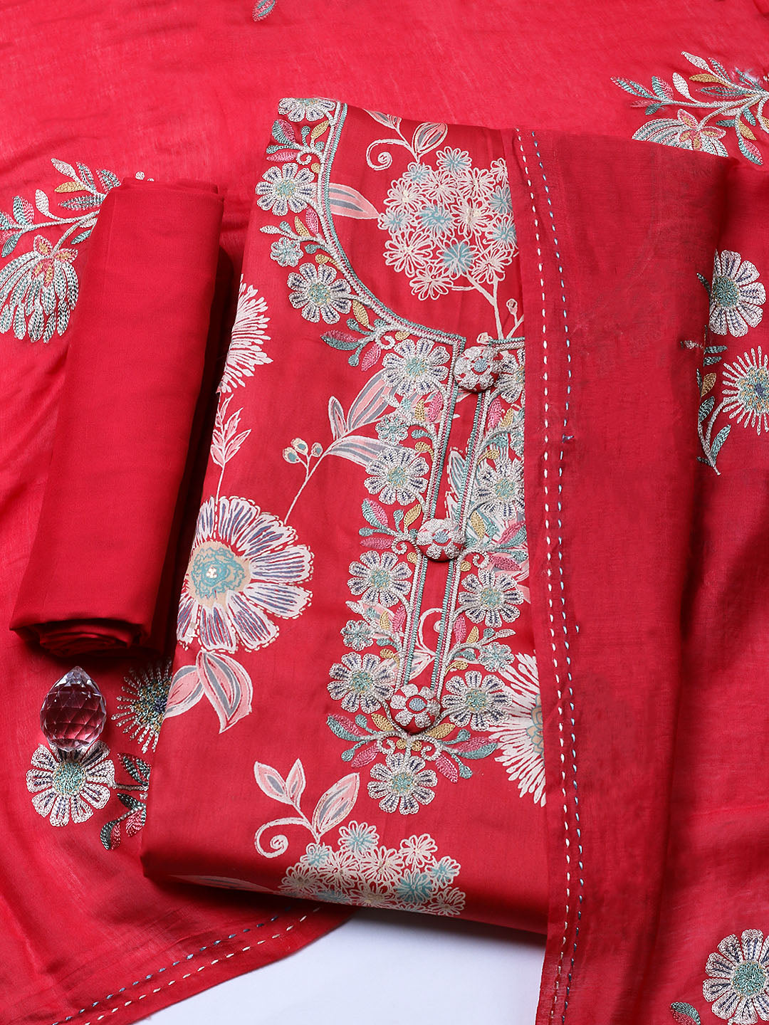Embroidered Cotton Blend Unstitched Suit With Pant &amp; Dupatta