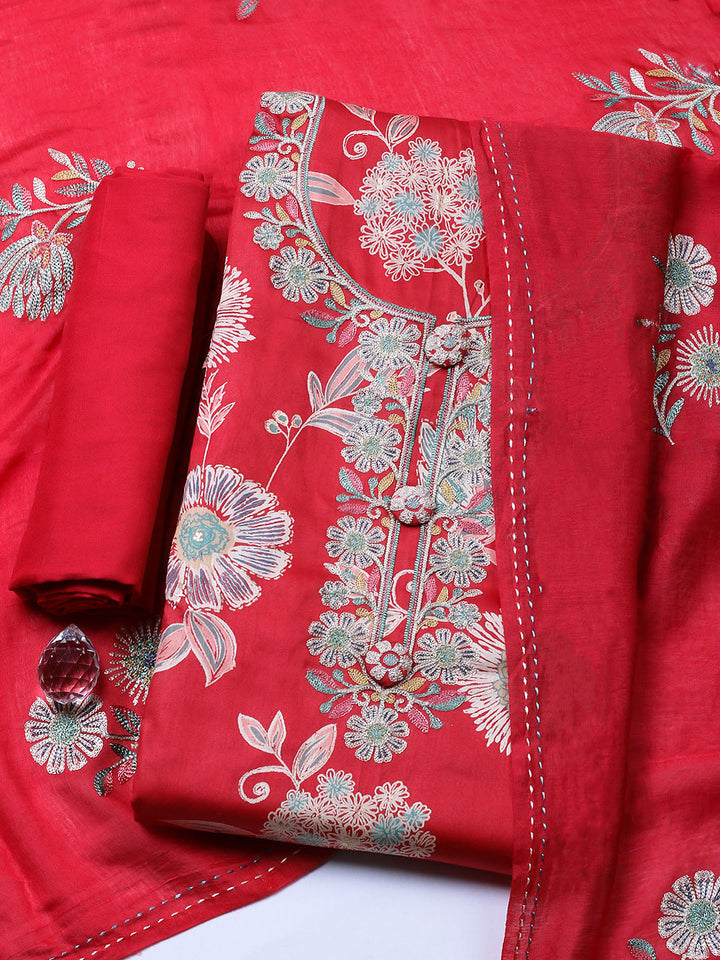 Embroidered Cotton Blend Unstitched Suit With Pant &amp; Dupatta