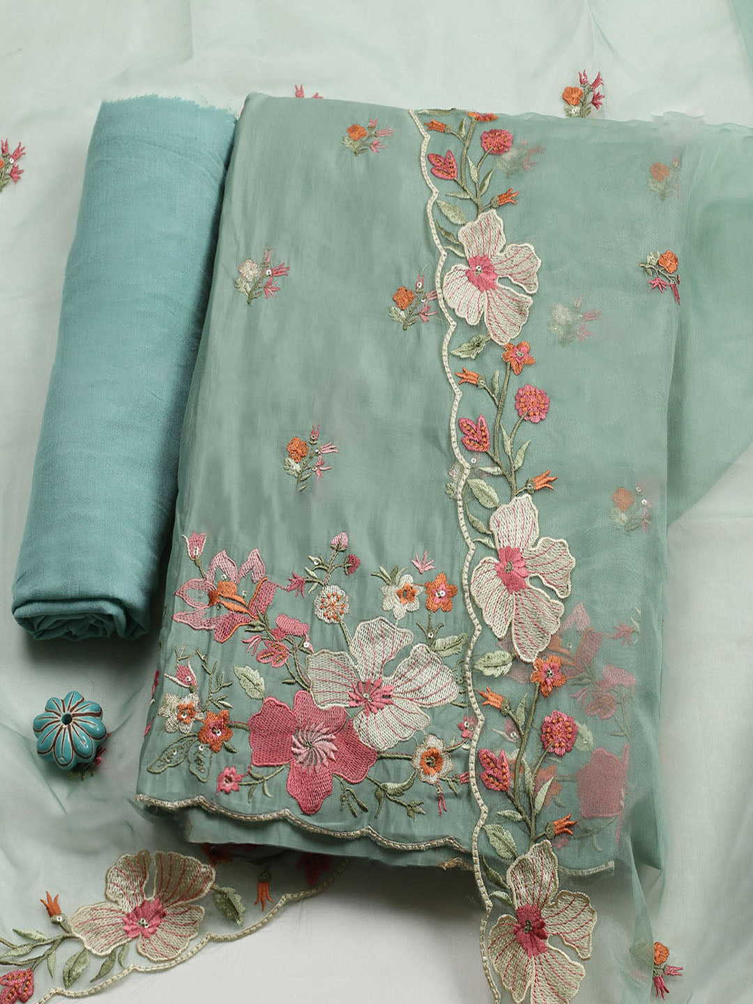 Embroidered Chanderi Unstitched Suit With Pant &amp; Dupatta