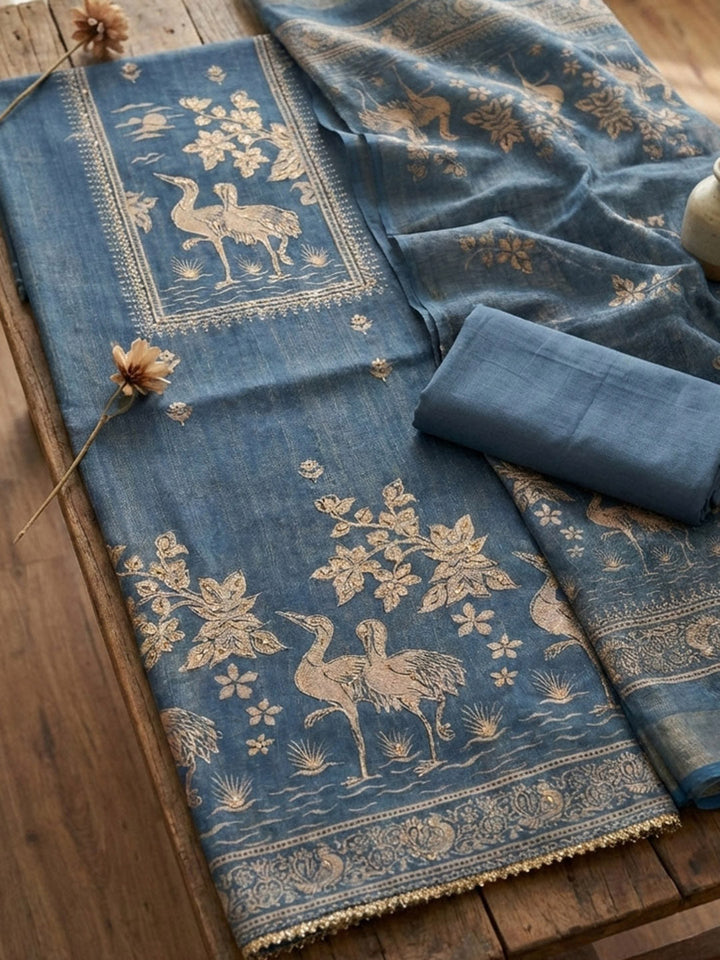 Printed Chanderi Unstitched Suit With Pant &amp; Dupatta