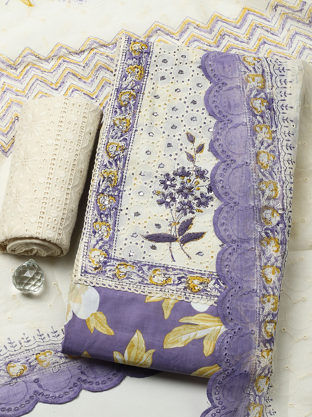 Printed Cotton Blend Unstitched Suit With Pant &amp; Dupatta