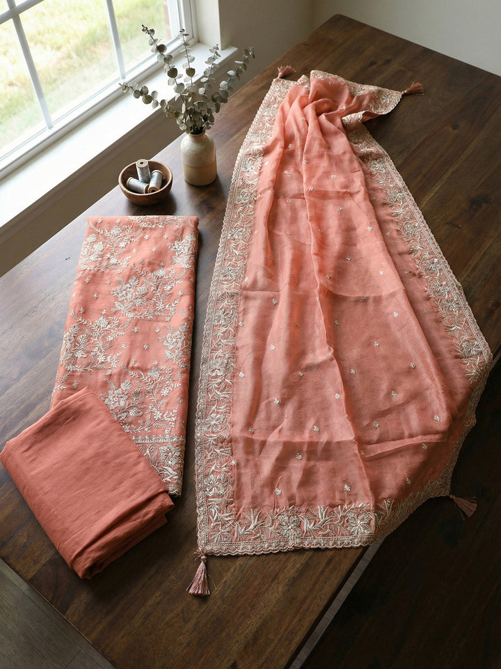 Embroidered Tissue Unstitched Suit With Pant &amp; Dupatta