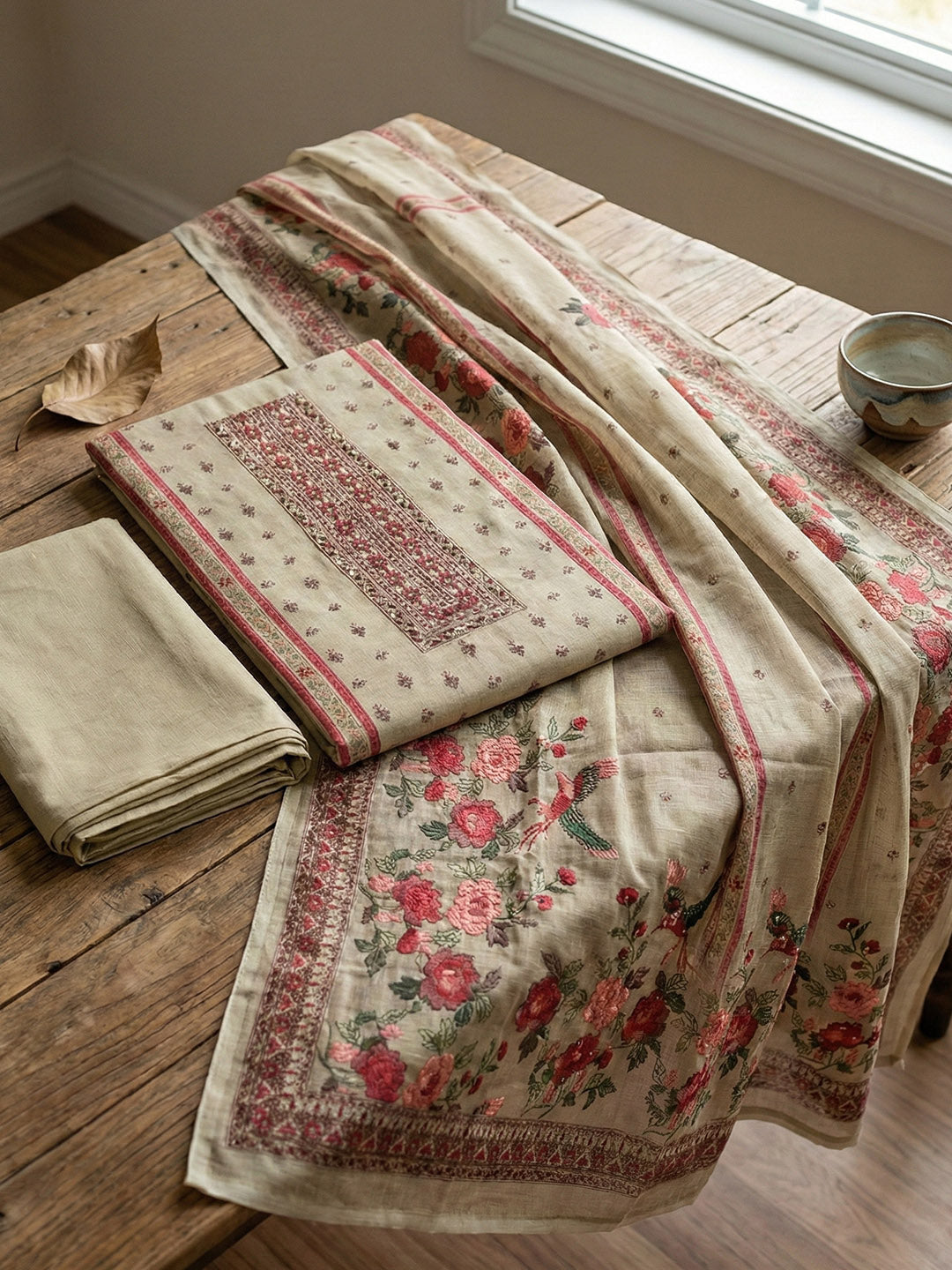 Embroidered Cotton Blend Unstitched Suit With Pant &amp; Dupatta