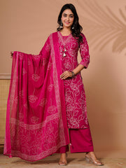 Printed Cotton Blend Kurta With Pant & Dupatta
