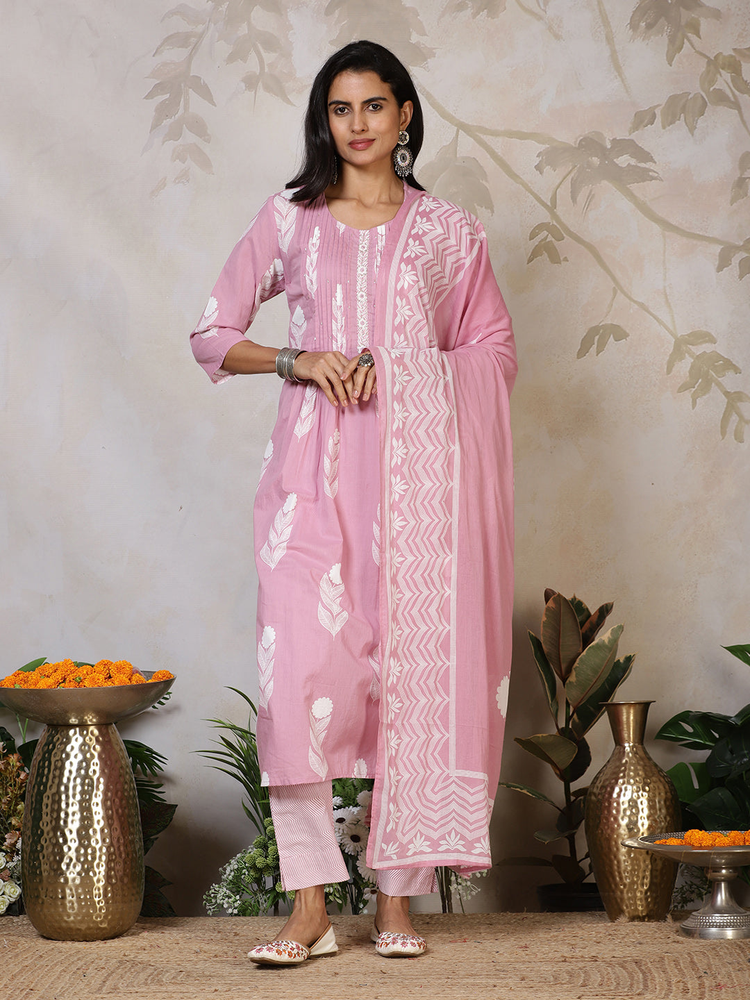 Printed Cotton Blend Kurta With Pants & Dupatta