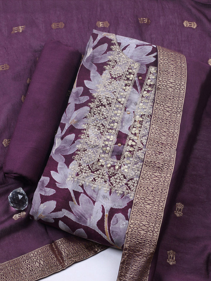 Printed Cotton Blend Unstitched Suit With Pant &amp; Dupatta