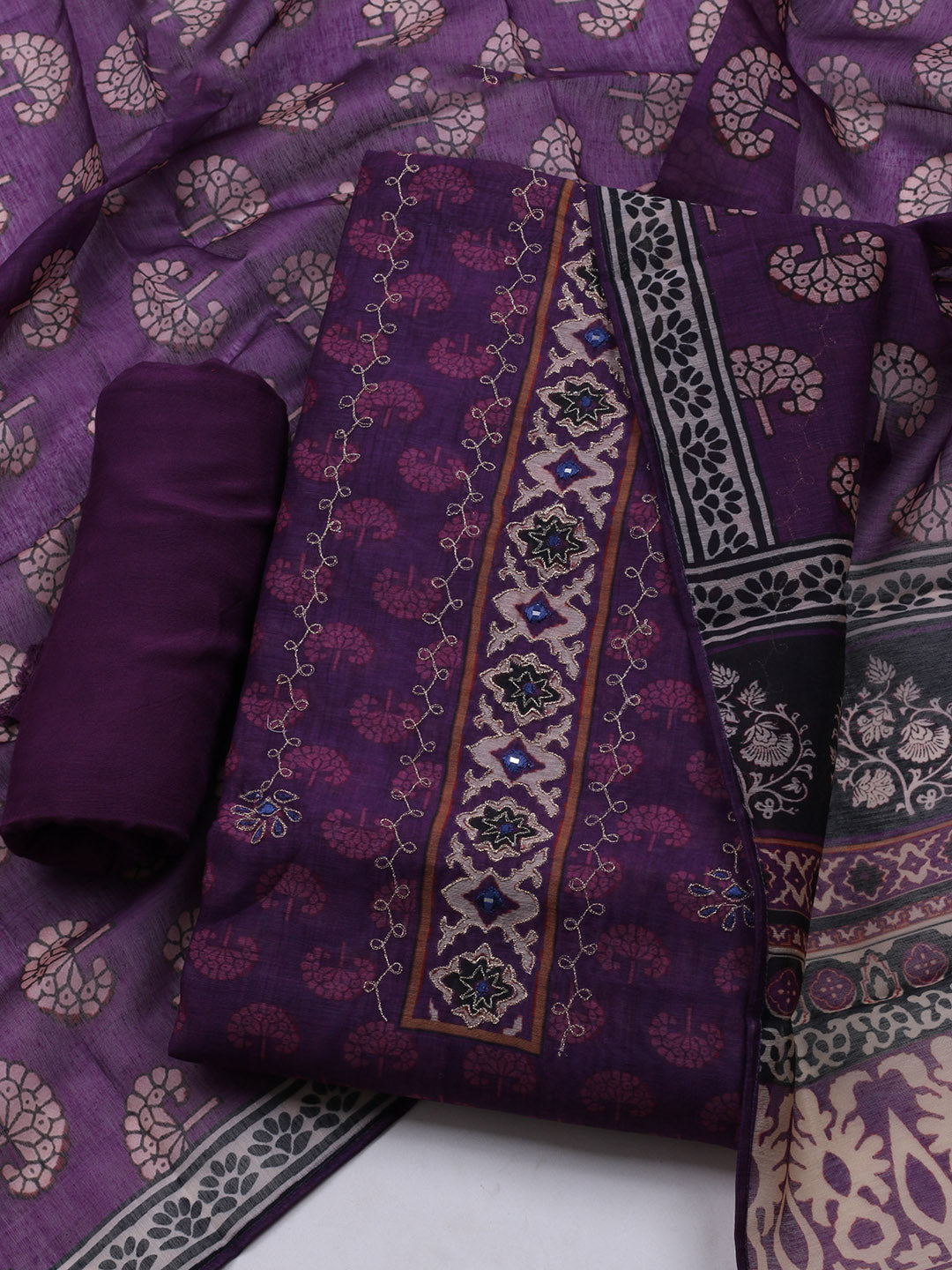 Printed Cotton Blend Unstitched Suit With Dupatta