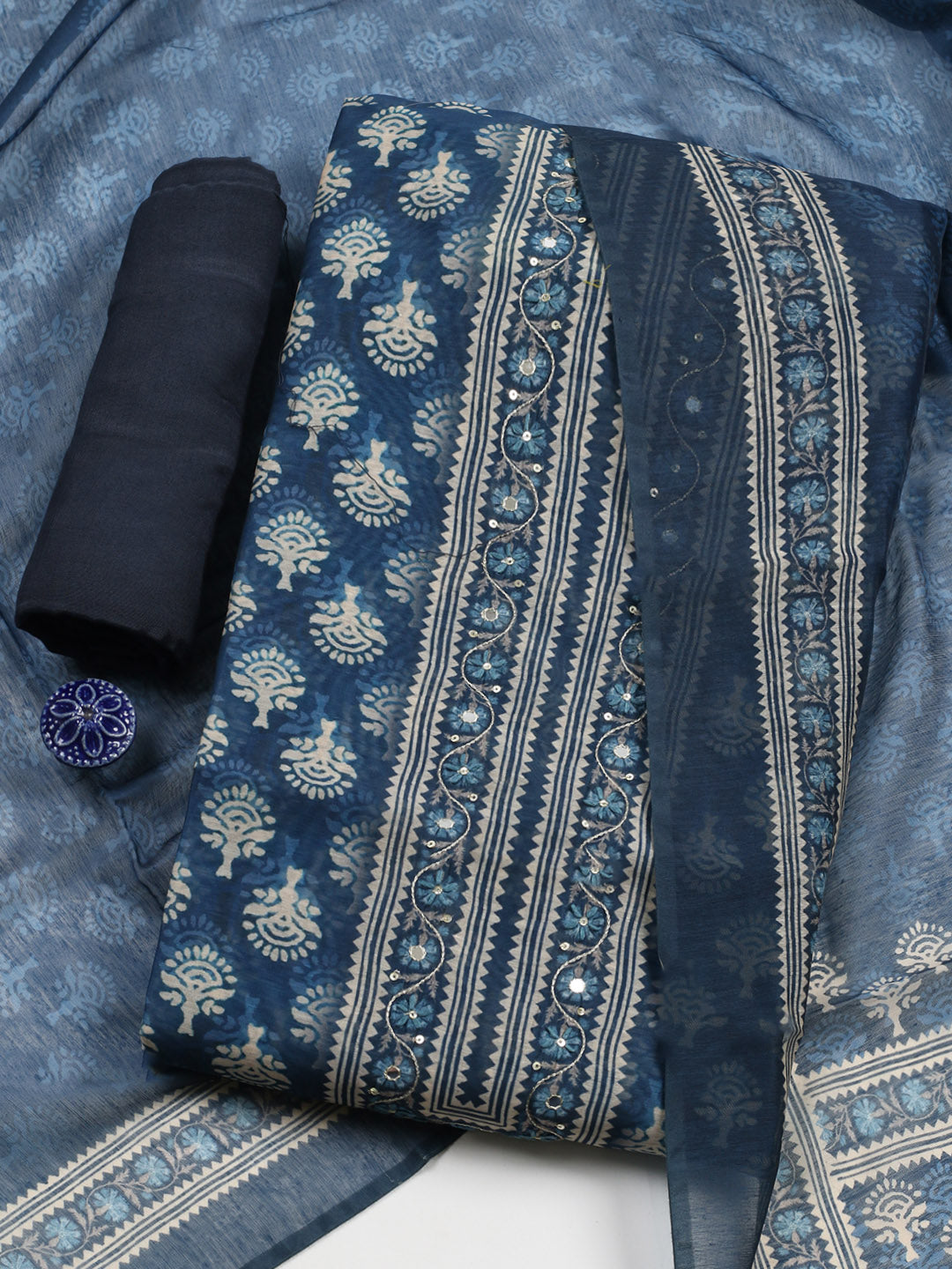Embroidered Chanderi Unstitched Suit With Pant &amp; Dupatta