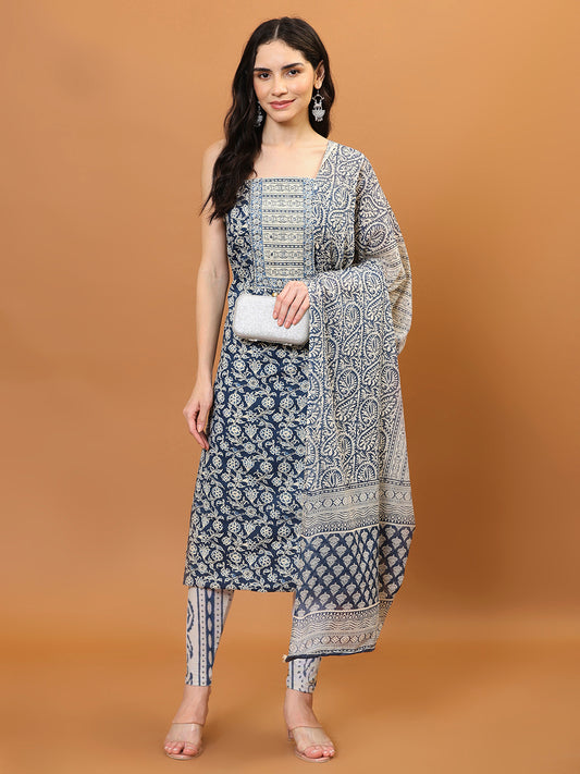 Printed Cotton Blend Unstitched Suit Piece With Dupatta