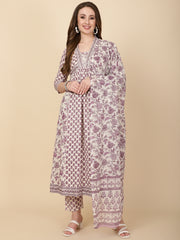 Floral Printed Cotton Kurta With Pants & Dupatta