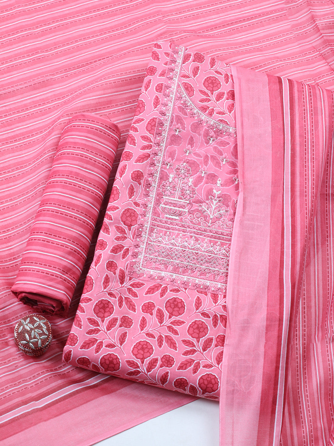 Embroidered Cotton Blend Unstitched Suit With Pant &amp; Dupatta