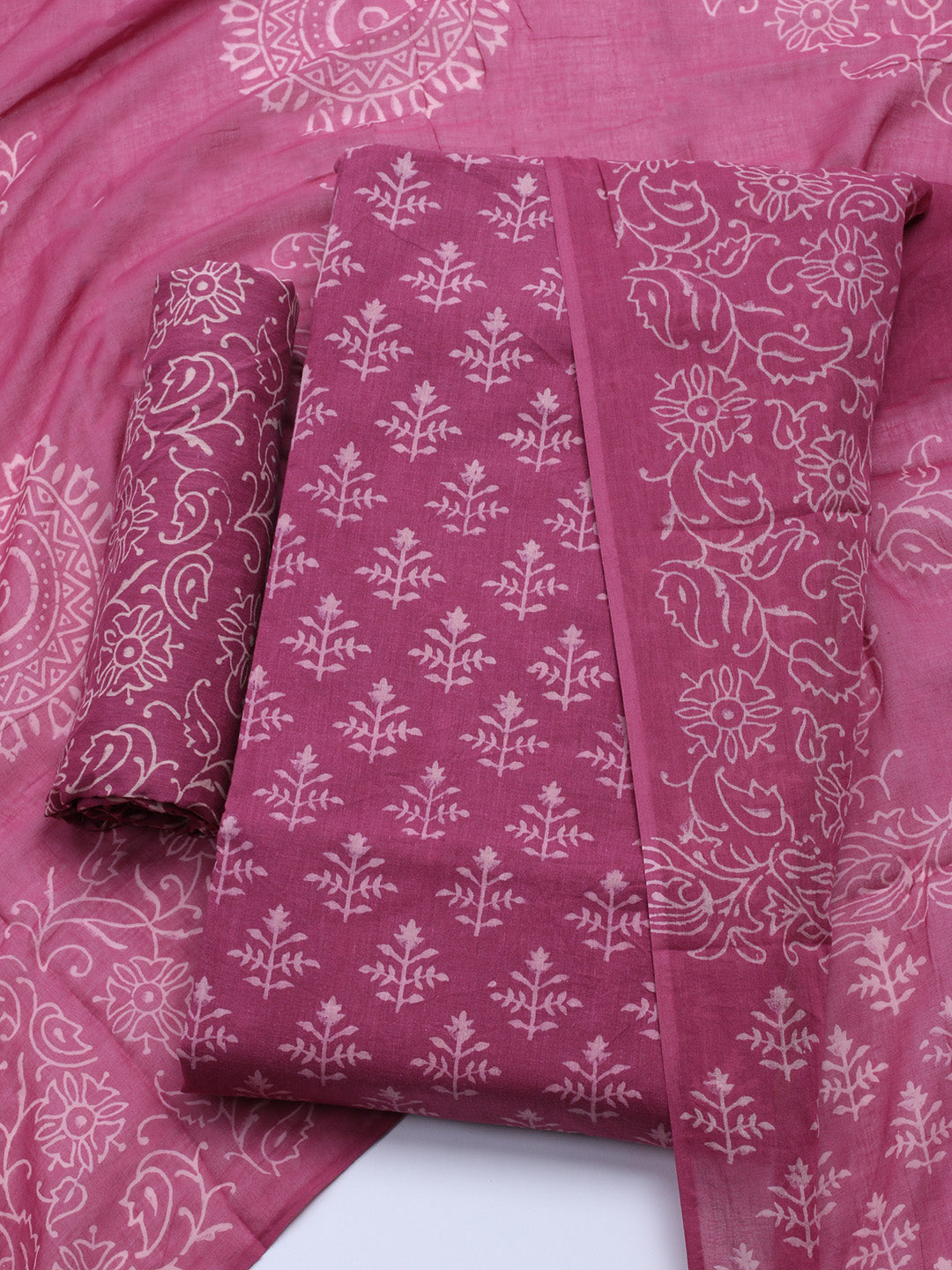 Printed Cotton Blend Unstitched Kurta With Pant &amp; Dupatta