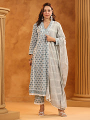 Printed Cotton Blend Kurta With Pants & Dupatta