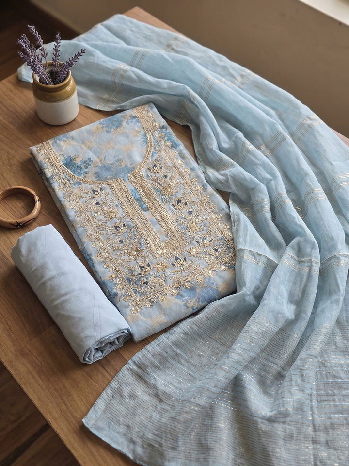 Embroidered Chanderi Unstitched Suit With Pant &amp; Dupatta