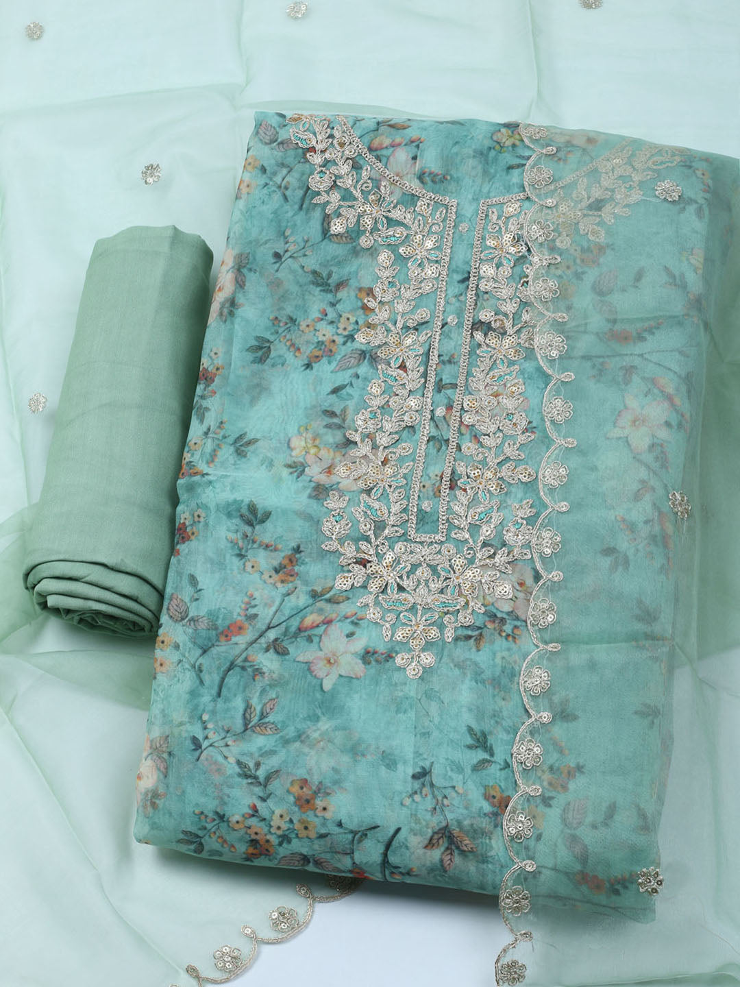 Neck Embroidered Organza Unstitched Suit With Dupatta