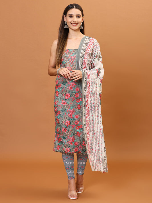 Neck Embroidery & Printed Cotton Unstitched Suit Piece With Dupatta