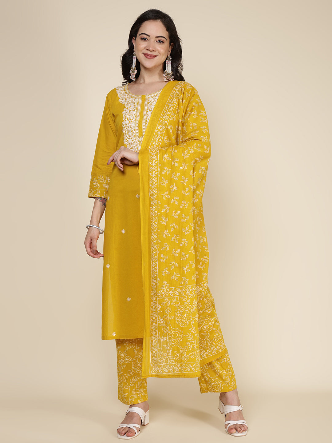 Embroidered Cotton Blend Kurta With Pants & Dupatta