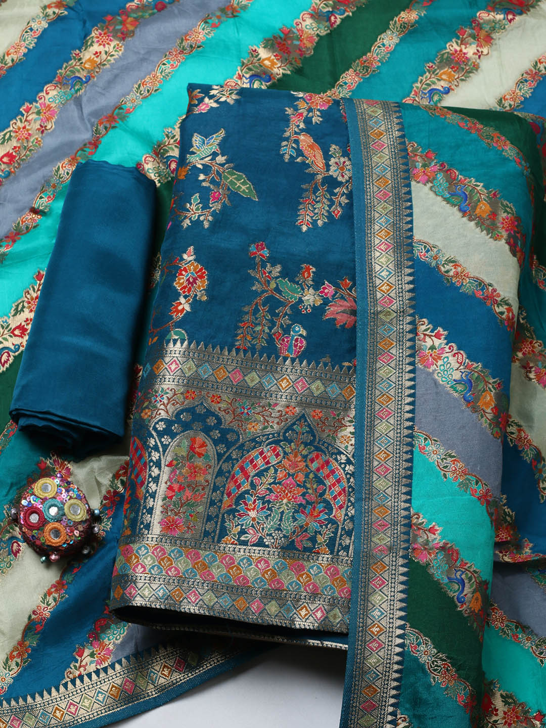 Woven Design Dola Silk Unstitched Suit With Pant &amp; Dupatta