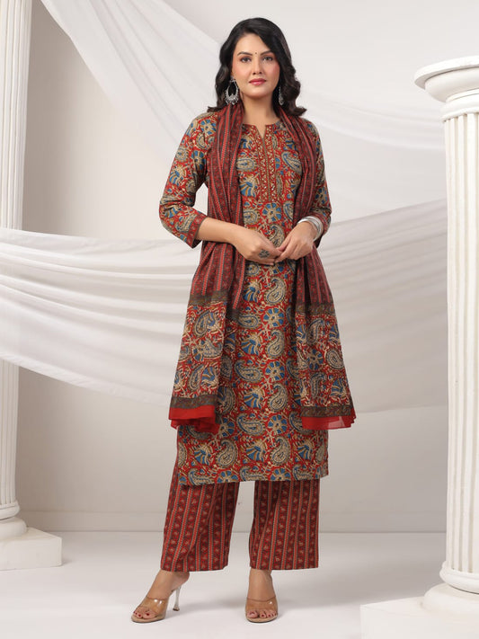 Printed Cotton Blend Kurta With Pants & Dupatta