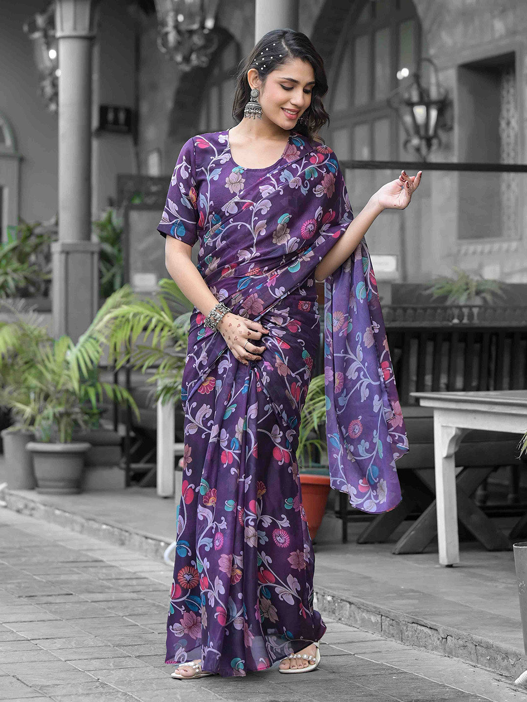 Printed Georgette Readymade Saree With Stitched Blouse