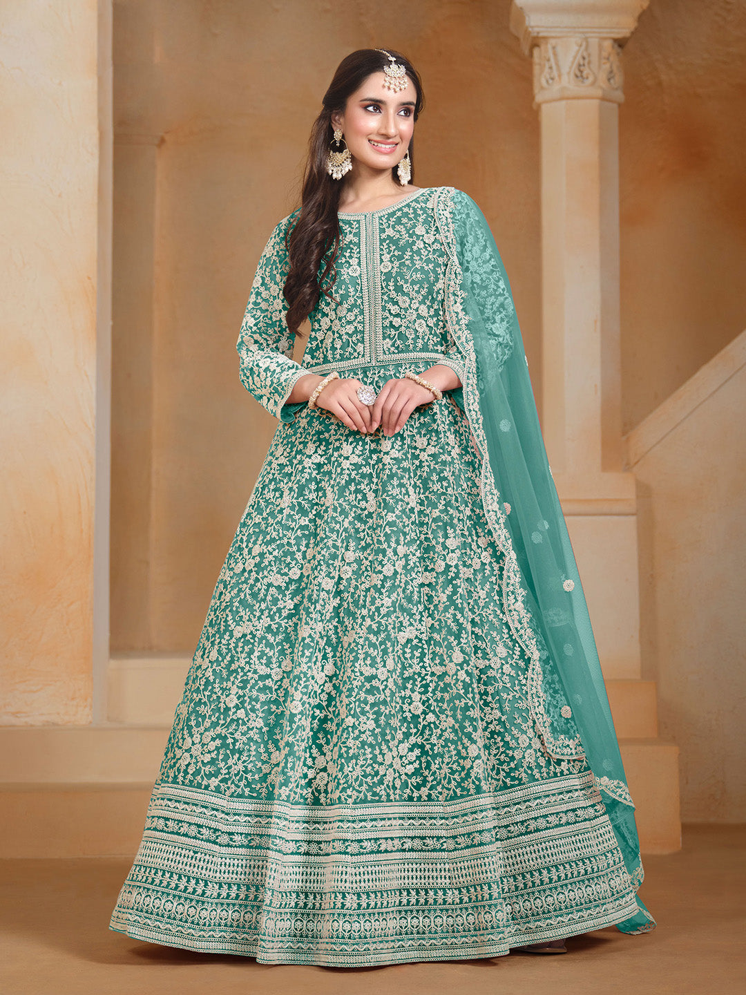 Embroidered Net Semi Stitched Kurta With Salwar &amp; Dupatta