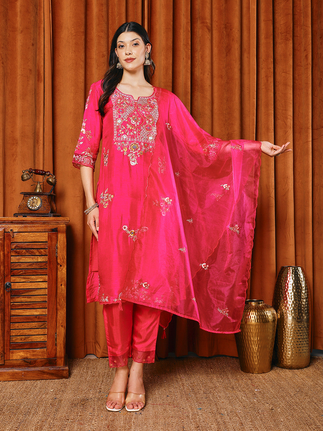 Resham Work Art Silk Kurta With Pants & Dupatta