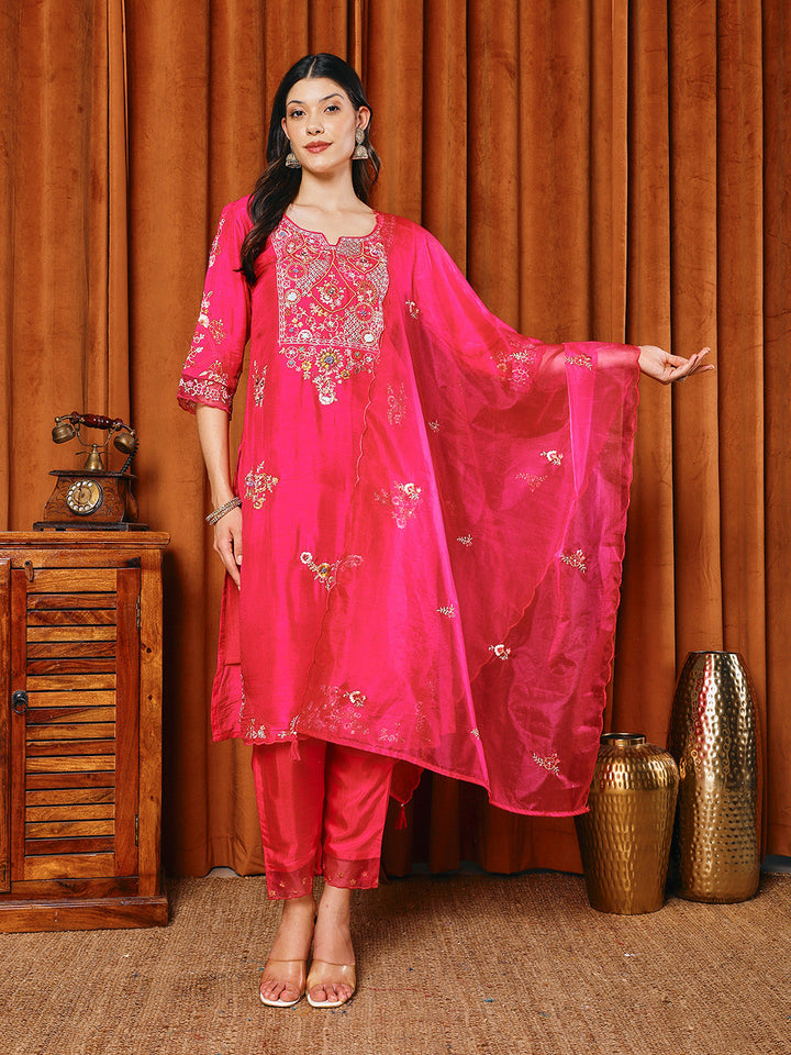 Resham Work Art Silk Kurta With Pants &amp; Dupatta