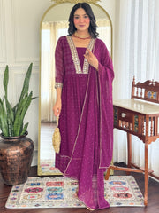 Neck Embroidered Georgette Kurta With Pants & Dupatta