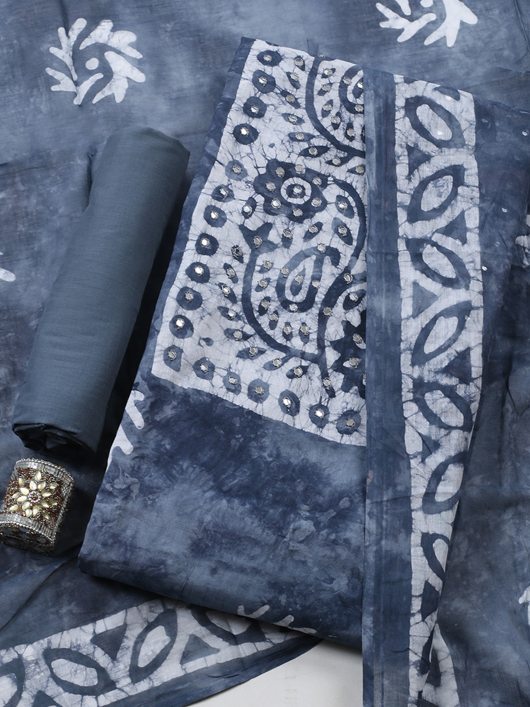 Embroidered Cotton Blend Unstitched Suit With Pant &amp; Dupatta
