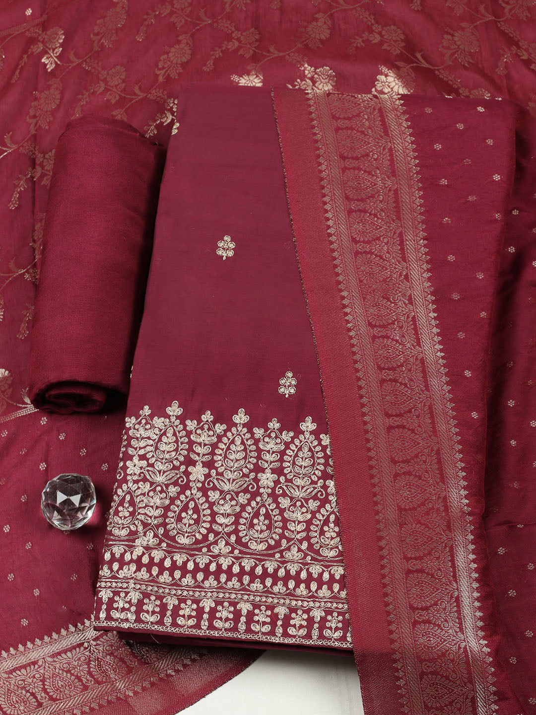 Embroidered Chanderi Unstitched Suit With Pant &amp; Dupatta