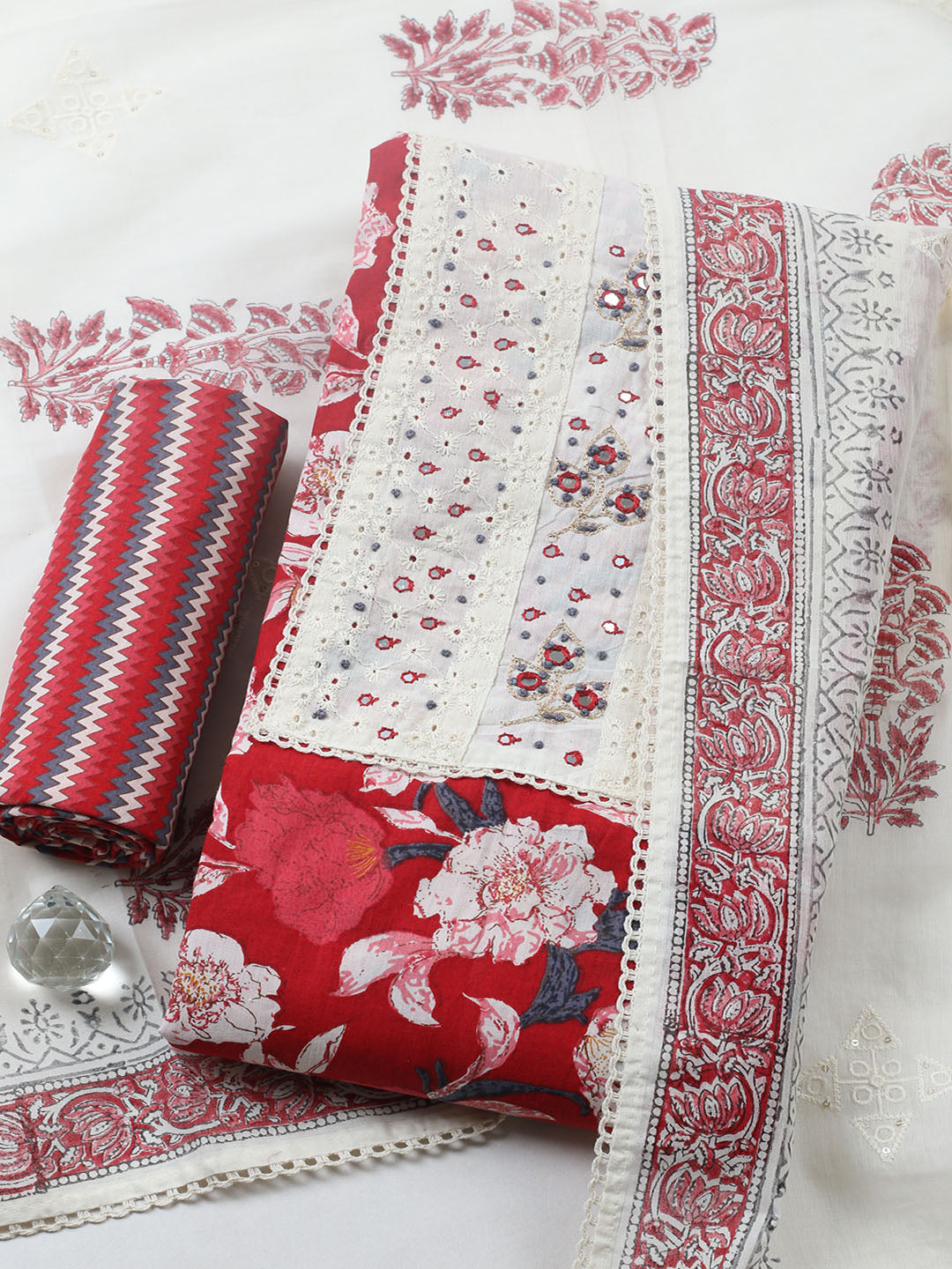 Embroidered Cotton Blend Unstitched Suit With Pant &amp; Dupatta