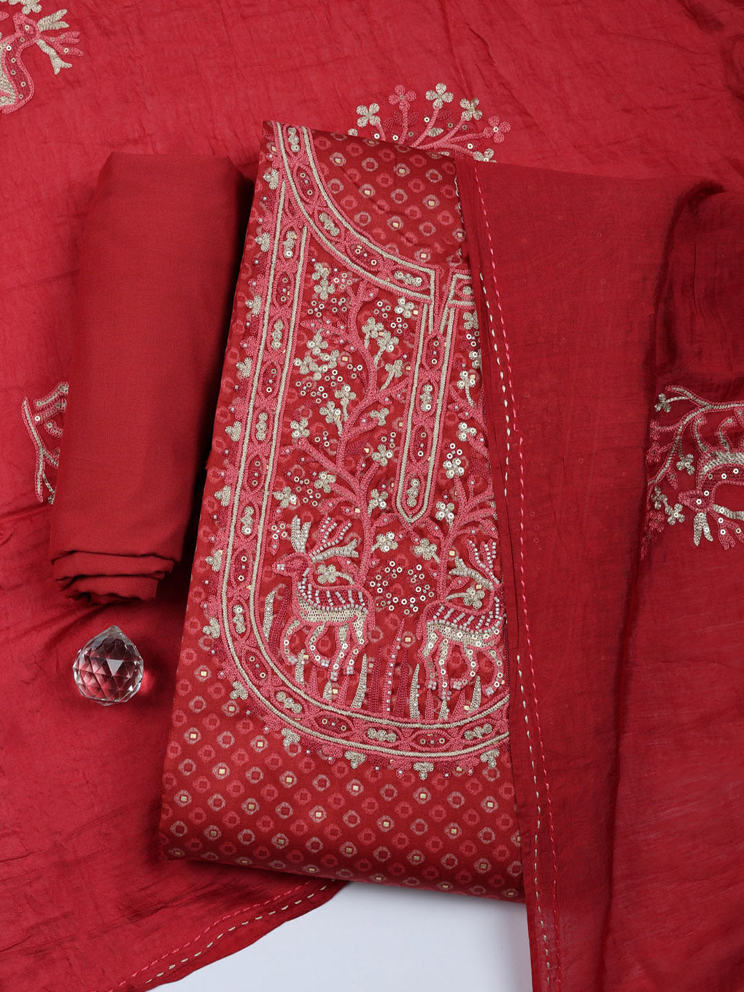 Embroidered Cotton Blend Unstitched Suit With Pant &amp; Dupatta