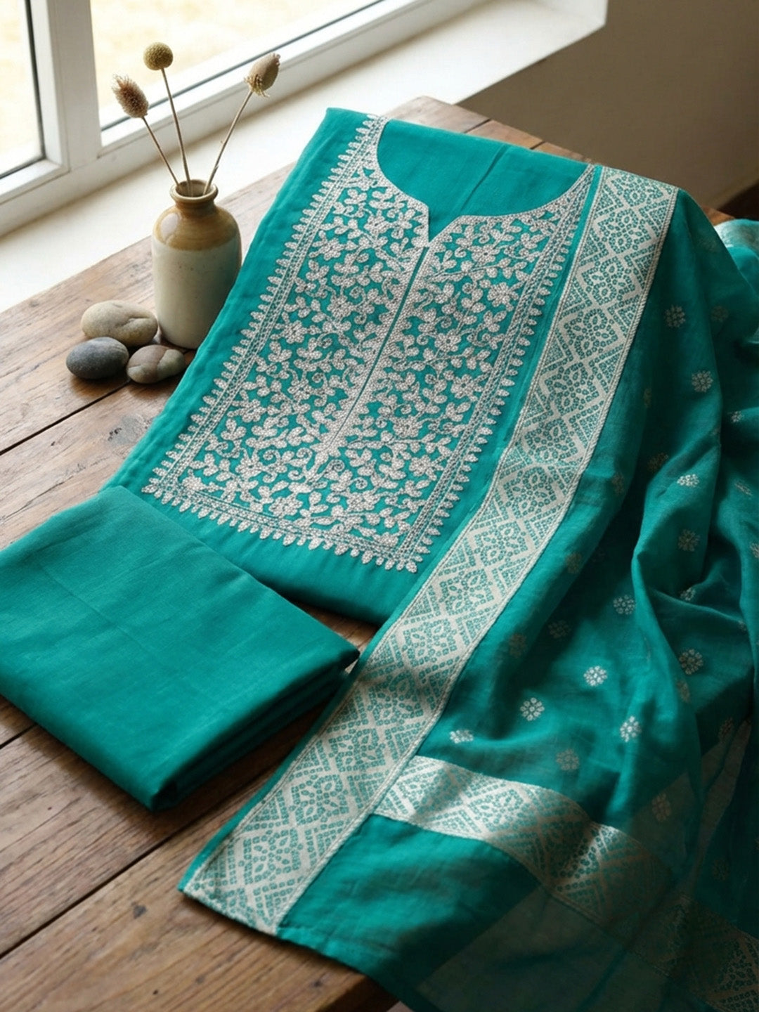 Neck Embroidered Chanderi Unstitched Suit With Dupatta